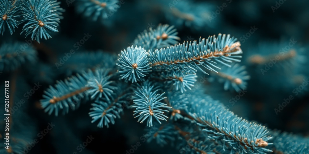 Aufkleber Closeup of beautiful branches from a coniferous tree, showcasing the intricate details of each needle and the natural beauty of the coniferous tree. Perfect for adding a text overlay.