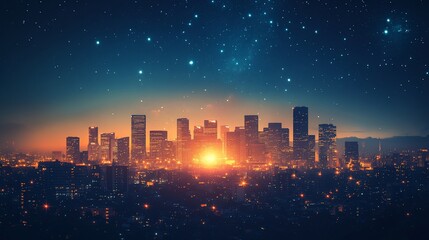 Obraz premium Cityscape sunrise, stars, night sky, urban scene, travel