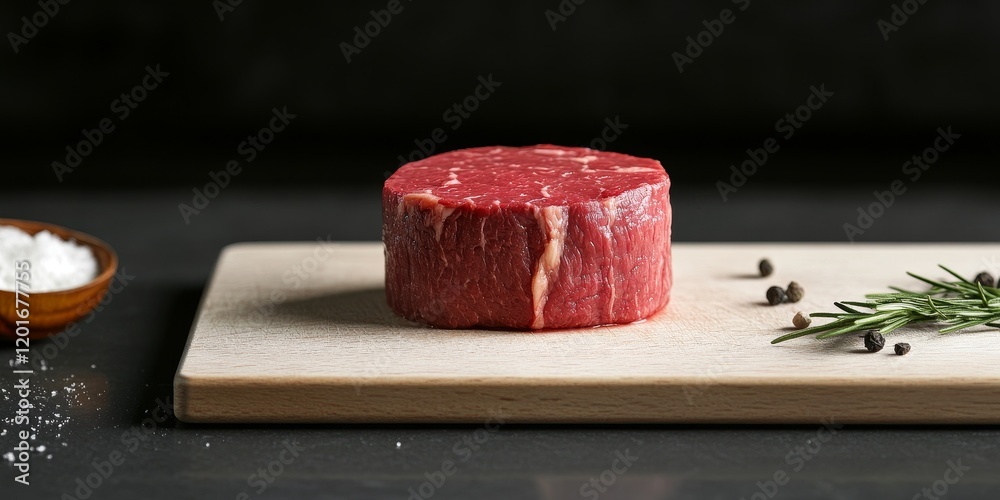 Poster ready to cook, this raw beef fillet mignon is perfectly placed on a cutting board, showcasing its pr