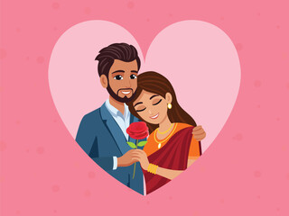 Vector Illustration of Indian Couple Holding Red Rose on Pink Background for Happy Valentine's Day Greeting Card.