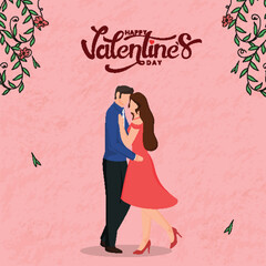 Happy Valentine's Day Greeting Card with Faceless Couple Character in Dancing Pose.