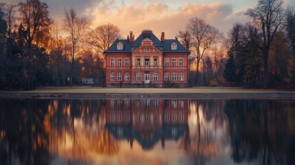 Fototapeta premium Majestic mansion reflected in calm lake at sunset.