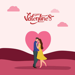 Happy Valentine's Day Greeting Card with Cartoon Couple Character in Dancing Pose.