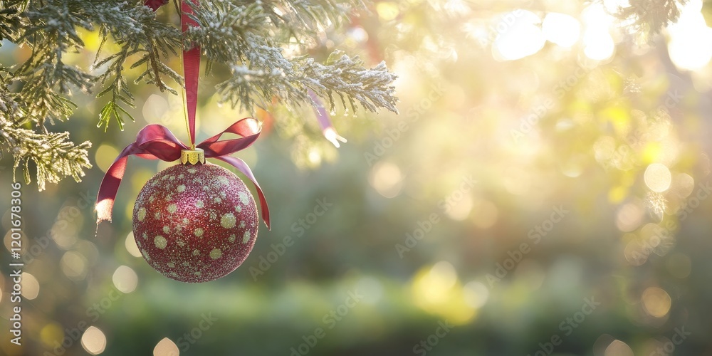 Aufkleber christmas ball adorned with ribbons hanging on a tree, surrounded by a bright and blurred natural ga