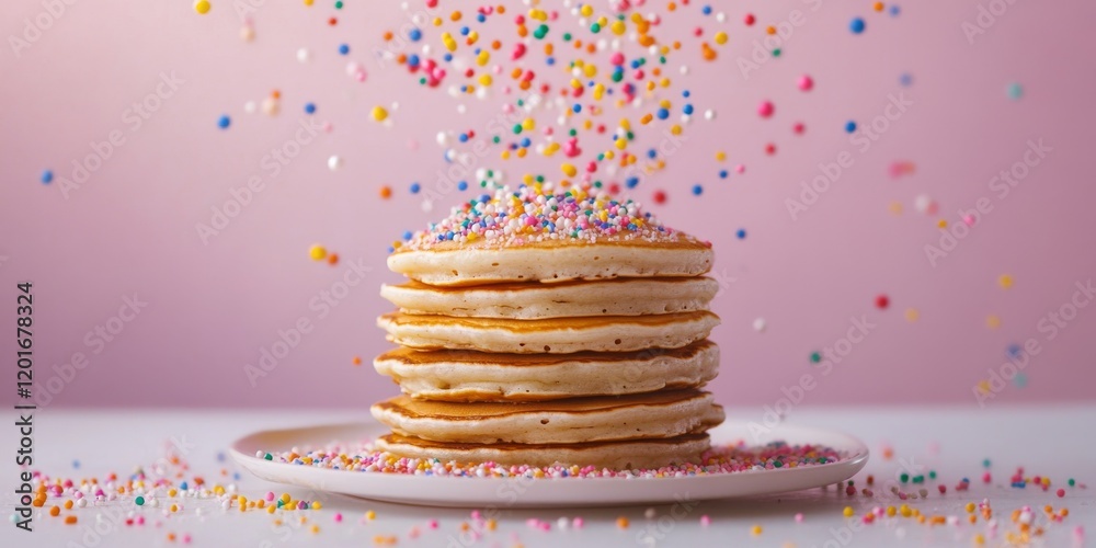 Poster sugar sprinkles cascade over a delightful stack of pancakes, creating a whimsical scene. enjoy the s