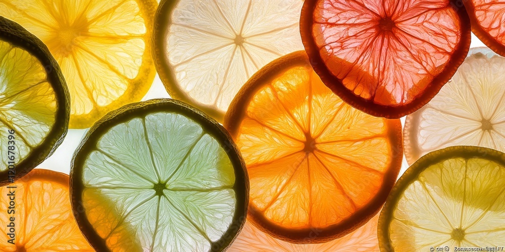 Aufkleber Backlit citrus slices create a vibrant display of colors, emphasizing the beauty of citrus slices and their refreshing appeal in photography. These citrus slices bring energy to any composition.