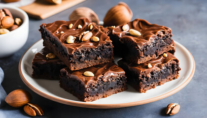 Brownies topped with chocolate frosting and nuts served on a white plate
