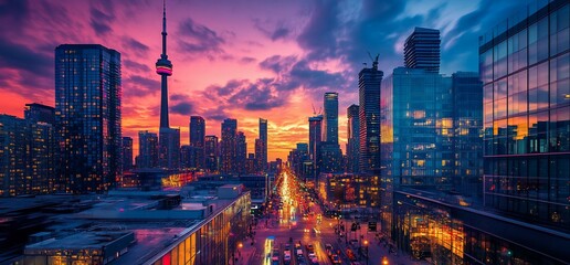 Cityscape sunset, downtown street, vibrant sky, urban travel
