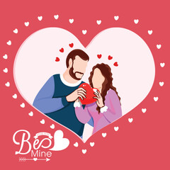 Be Mine Love You Text and Cartoon Couple Holding Red Heart for Happy Valentine's Day Concept.