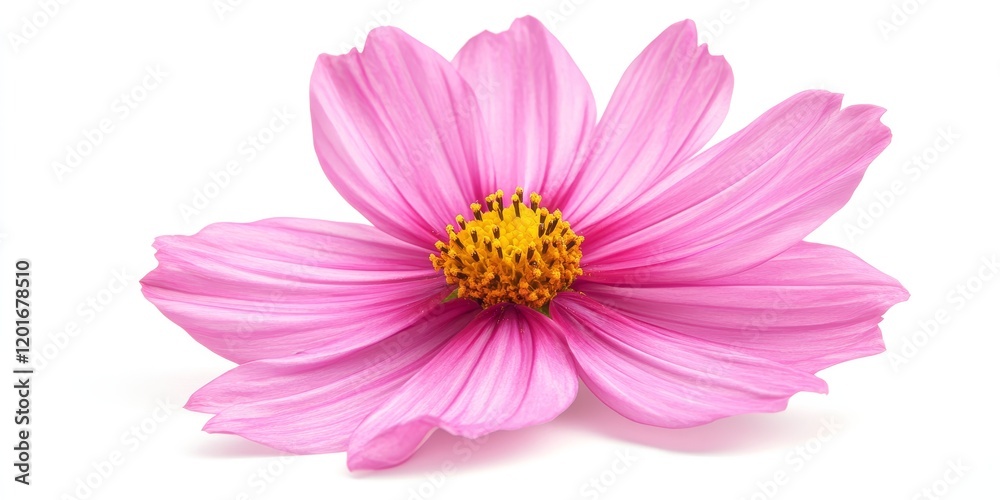 Poster Studio shot featuring a pink cosmos flower, displayed in isolation against a white background. The pink cosmos flower is captured with a large depth of field in a macro close up perspective.