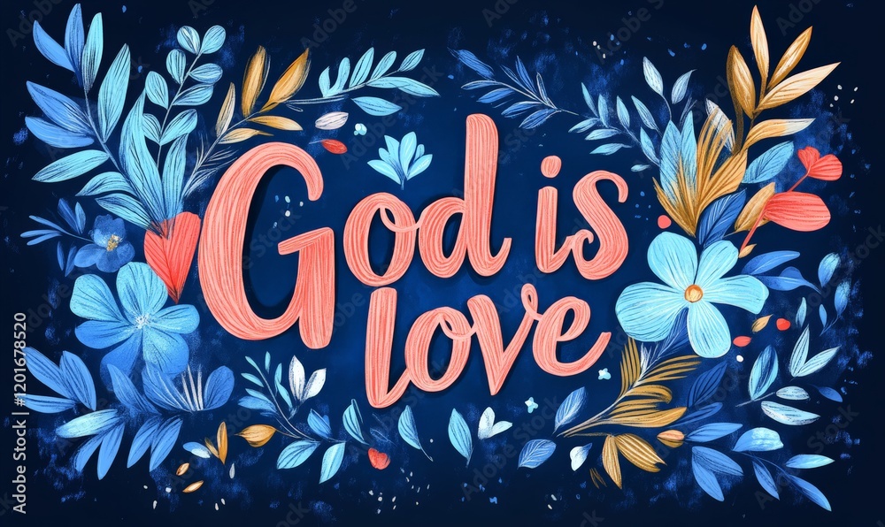 Sticker God is love - lettering calligraphy on abstract floral background. Religious concept.