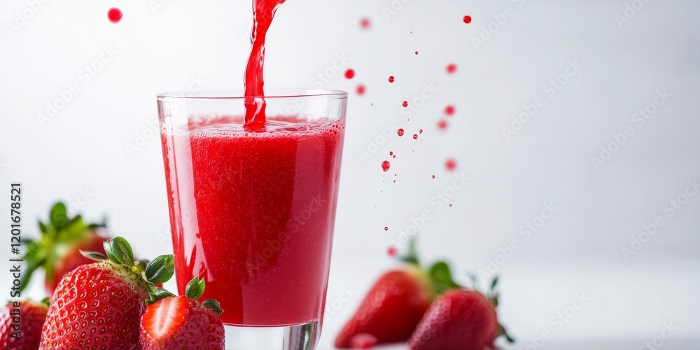 Poster fresh strawberry juice being poured against a clean white background, showcasing the vibrant color a