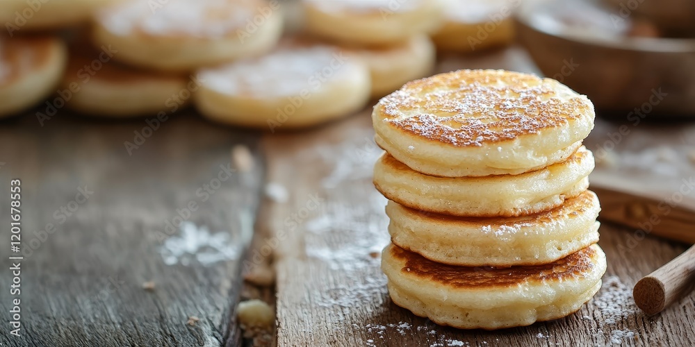 Poster close up view of a delightful stack of mini pancakes served on a rustic wooden table, showcasing the