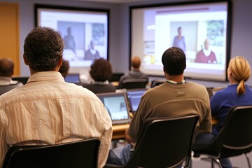 Fototapeta premium mixed learning styles workshop with adults interacting through multimedia presentations and discussions