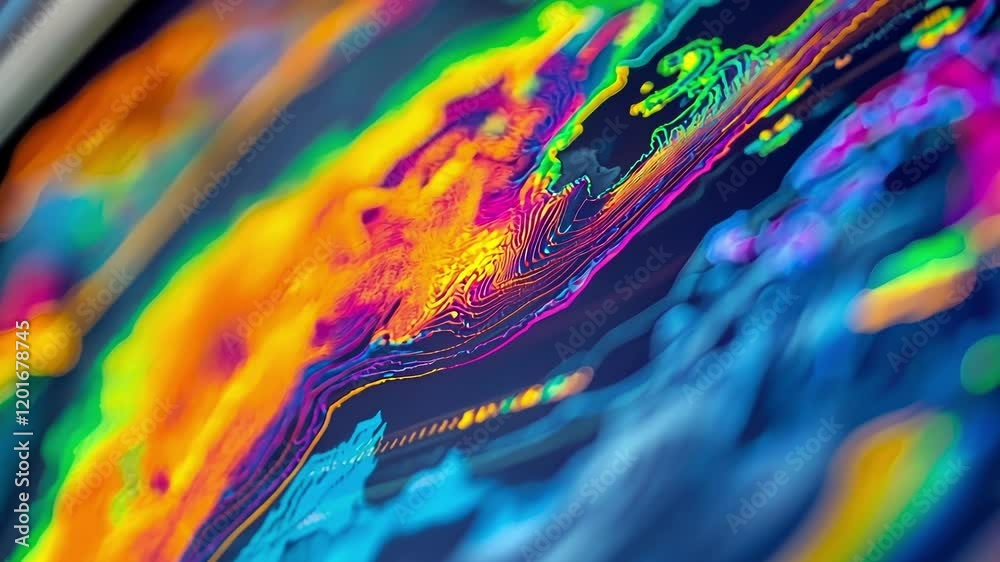 Poster a closeup of a digital weather model being manipulated on a computer screen with vibrant map overlay
