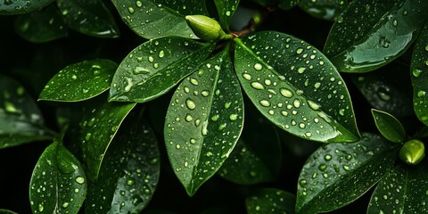 Fototapeta premium Glistening drops of water adorn the glossy dark green gardenia leaf, enhancing the beauty of the dark green gardenia leaf in any natural setting.