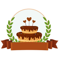 2-Tier Cake with Hearts Stick, Laurel Wreath and Black Ribbon on White Background.