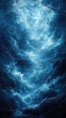 Fototapeta premium Dramatic blue sky with swirling clouds, light shining through.