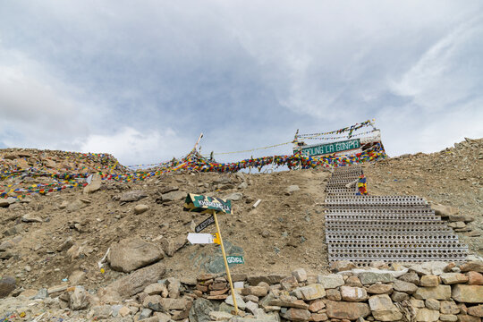 View of beautiful Himalayan mountains and khardung la gonpa at khardungla pass, ladakh, in India.