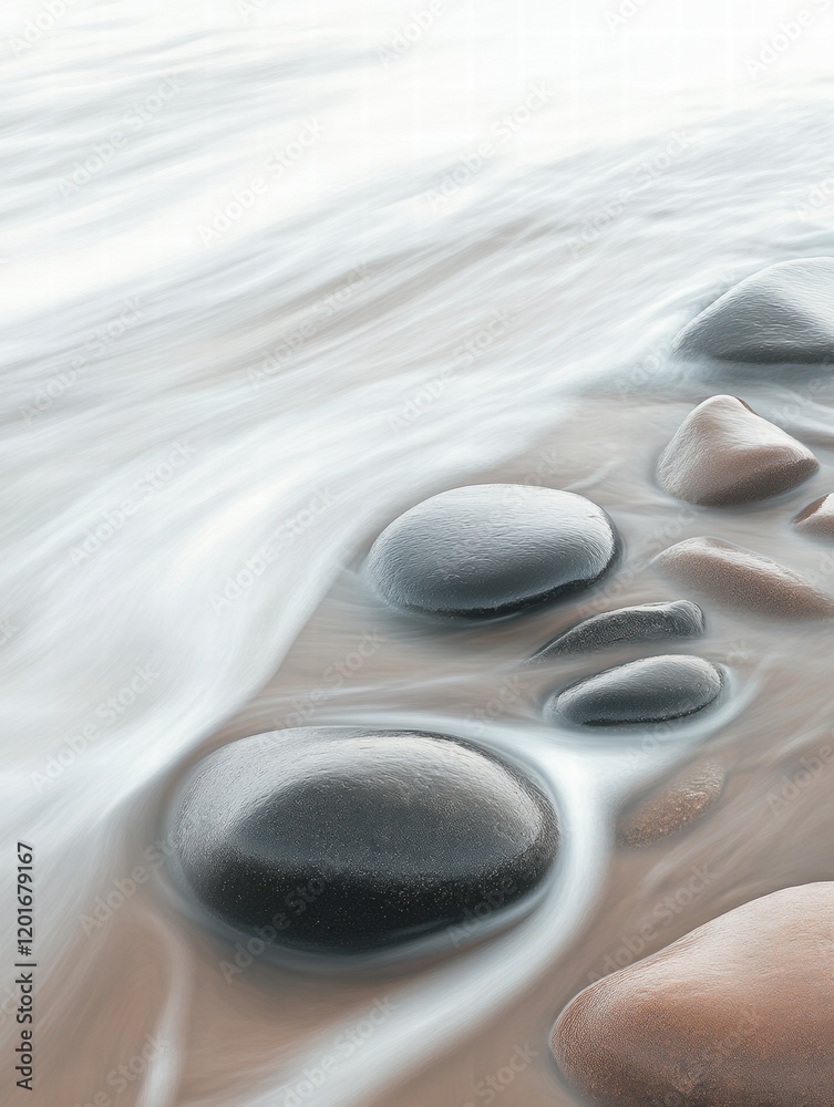 Fototapete close up view of smooth beach pebbles gently washed by soft rolling waves during a serene coastal mo