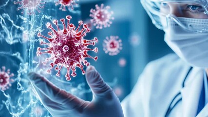 Medical scientist studying coronavirus model, horizontal. healthcare research, virus prevention campaigns, medical education, scientific development content. medical facilities, research institutions