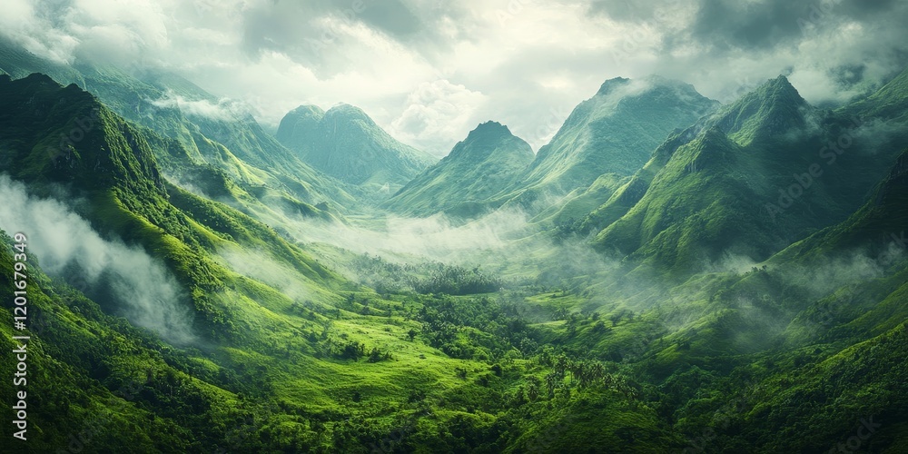 Poster vibrant green mountains enveloped by fog in the morning light create a serene and mystical atmospher