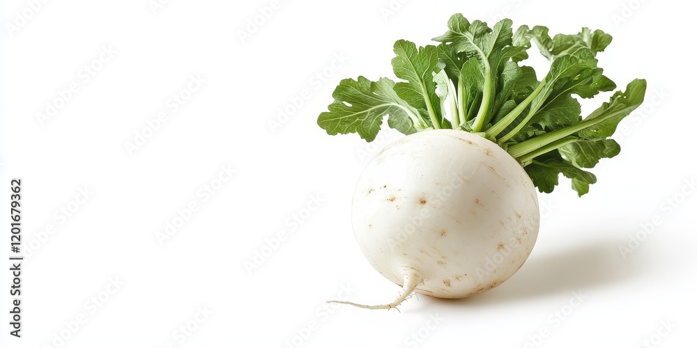Poster fresh white round daikon radish displayed on a clean white background, highlighting the vibrant text