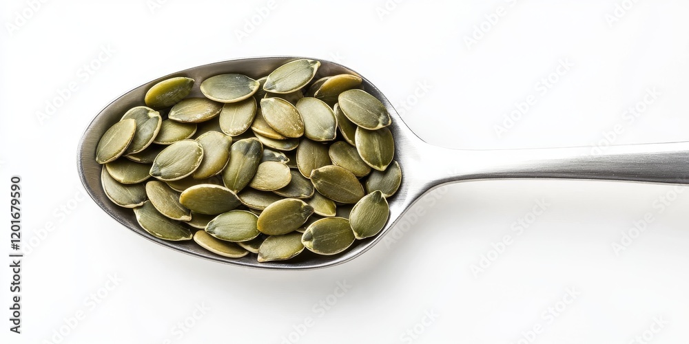 Poster isolated on a white background, this image features a spoon filled with pumpkin seeds, showcasing th