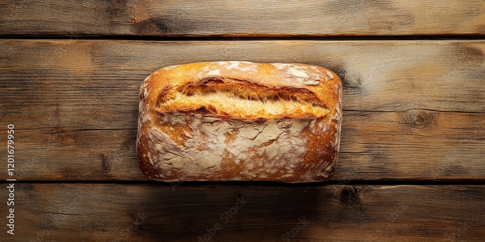 Poster rustic wooden table showcasing a loaf of bread, highlighting the texture and appearance of the bread
