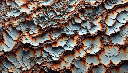 Rusty metal texture with peeling paint in multicolored layers for an abstract pattern