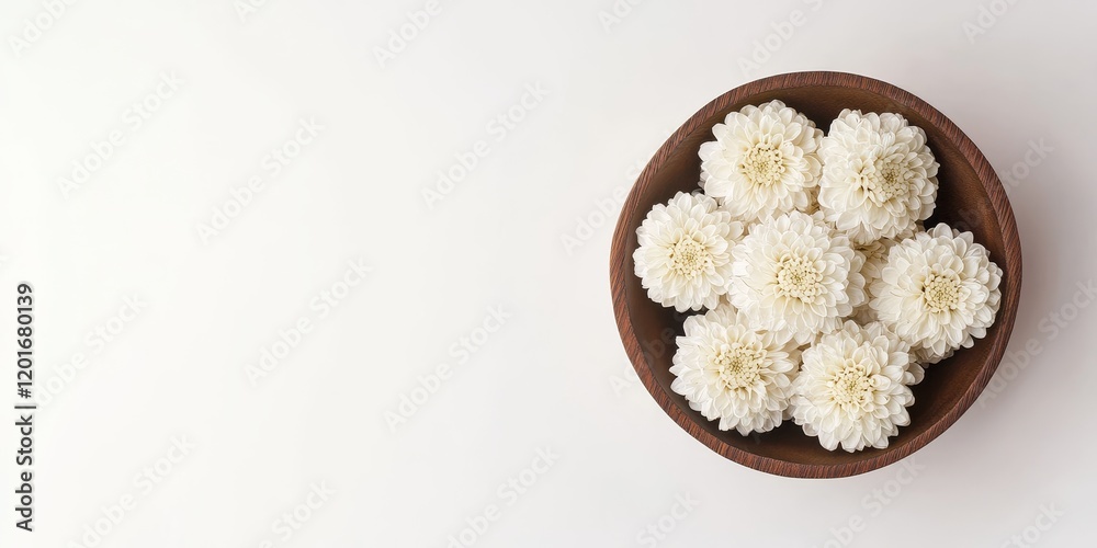 Poster in a white background featuring ample blank space, you can find dried white chrysanthemums arranged 