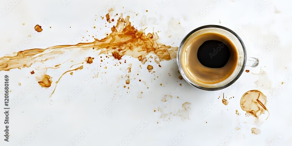 Poster a puddle of coffee creates an intriguing pattern on a white surface, while a small glass espresso cu