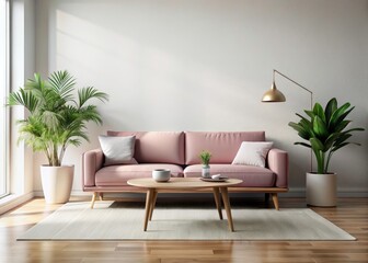 Pink living room mockup showcases minimalist design, featuring plants and a coffee table; rule of thirds applied.