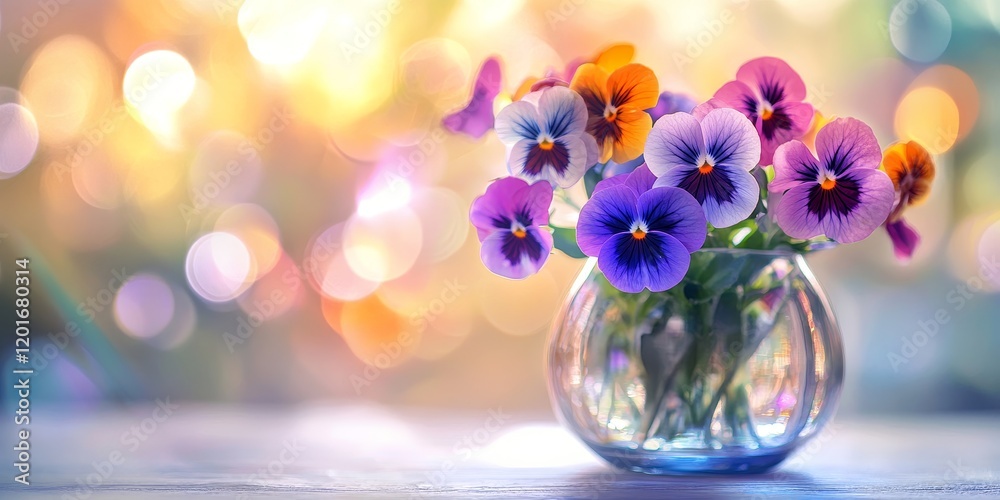 Aufkleber charming small bouquet of pansy flowers displayed in a glass vase, featuring a colorful bokeh backgr