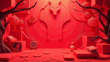 Obraz premium Red Lantern Festival Scene 3D Render of Chinese New Year Celebration