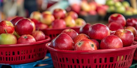 Vibrant red baskets filled with fresh heirloom apples displayed at a bustling farmers market, showcasing the beauty and variety of heirloom apples in a lively setting.