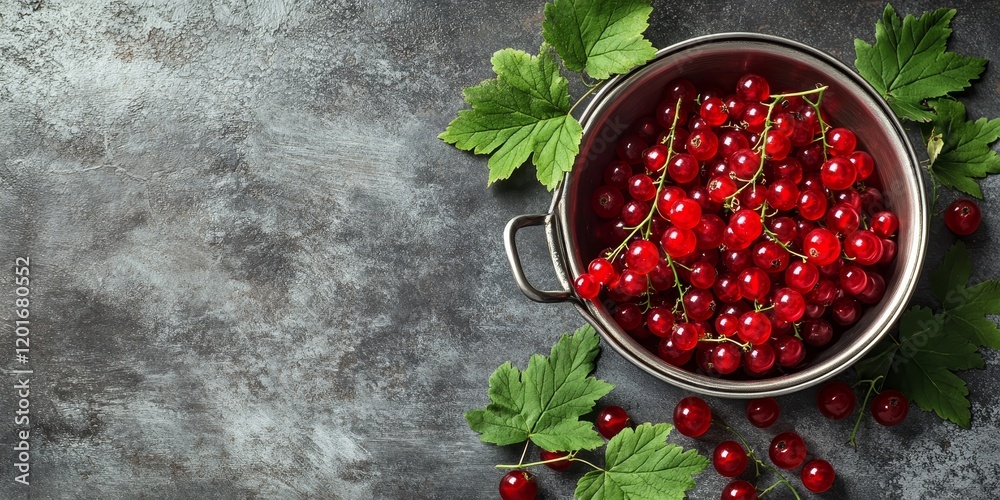 Poster ripe red currants displayed in a colander alongside fresh leaves on a textured grey table. this imag