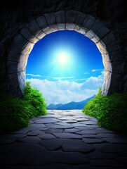 Abstract Corridor Light Path to Open Sky - Symbolic of hope, new beginnings, journey, enlightenment, and discovery. A bright light leads through a dark passage to an open sky.