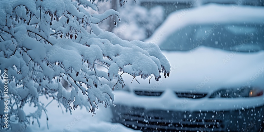Poster abstraction, a car blanketed in snow, showcasing the beauty of snowfall. this image captures the abs