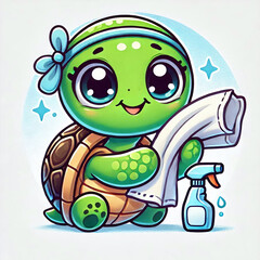 Obraz premium Cheerful Turtle with Big Eyes Polishing a Mirror with Enthusiasm