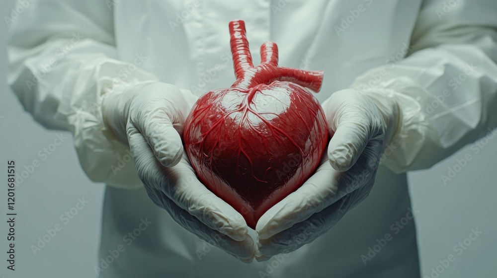Poster realistic anatomical heart gently held in gloved hands in a clinical setting showcasing care and pre