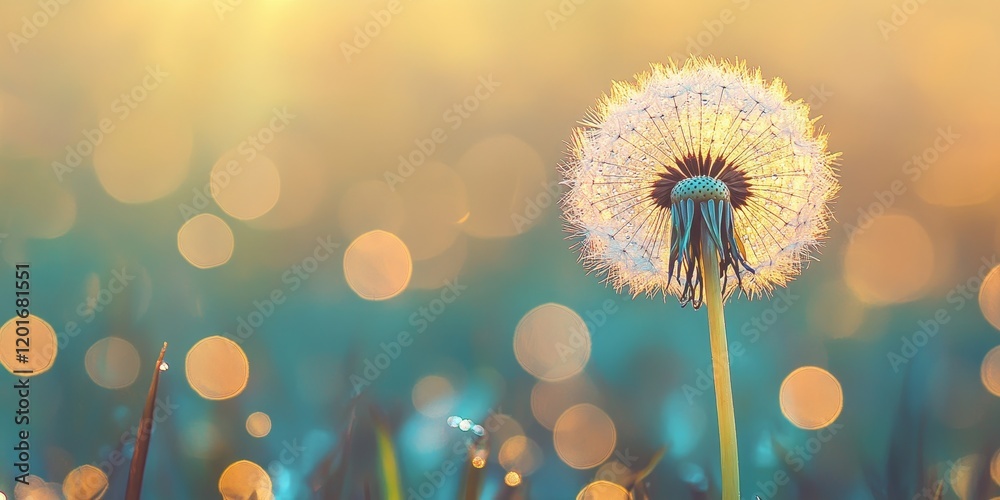Poster a solitary dandelion seed shines brightly in the morning dew, highlighted against a soft, blurred ba