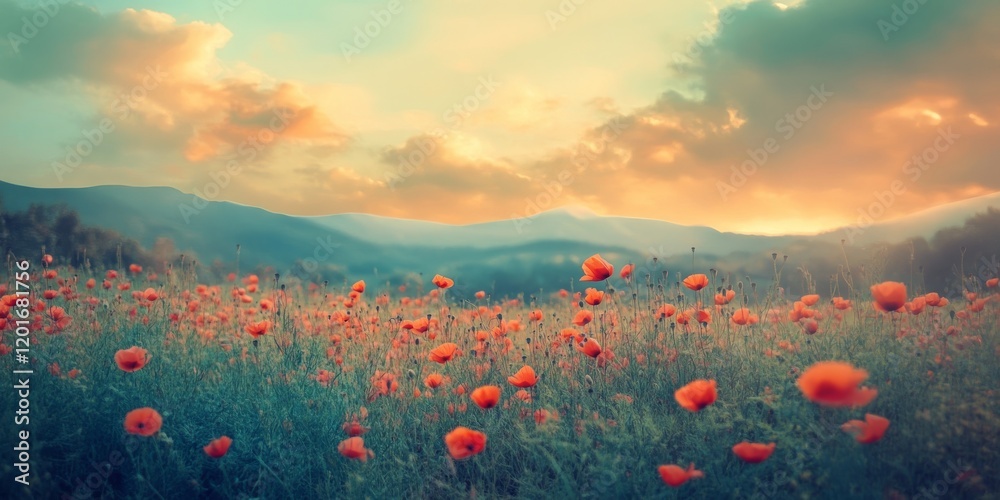 Leinwandbilder Stunning summer poppy field landscape featuring cross processed retro effects, enhanced by differential focus techniques that create a captivating shallow depth of field in the image.