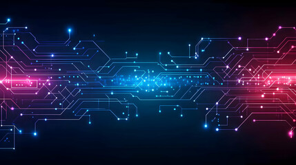 Naklejka premium Abstract digital circuit board background with glowing blue and pink lines, nodes, and connections, ideal for technology and innovation concepts.