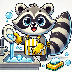 Happy Raccoon in Yellow Gloves Washing Plates in a Bubbly Sink