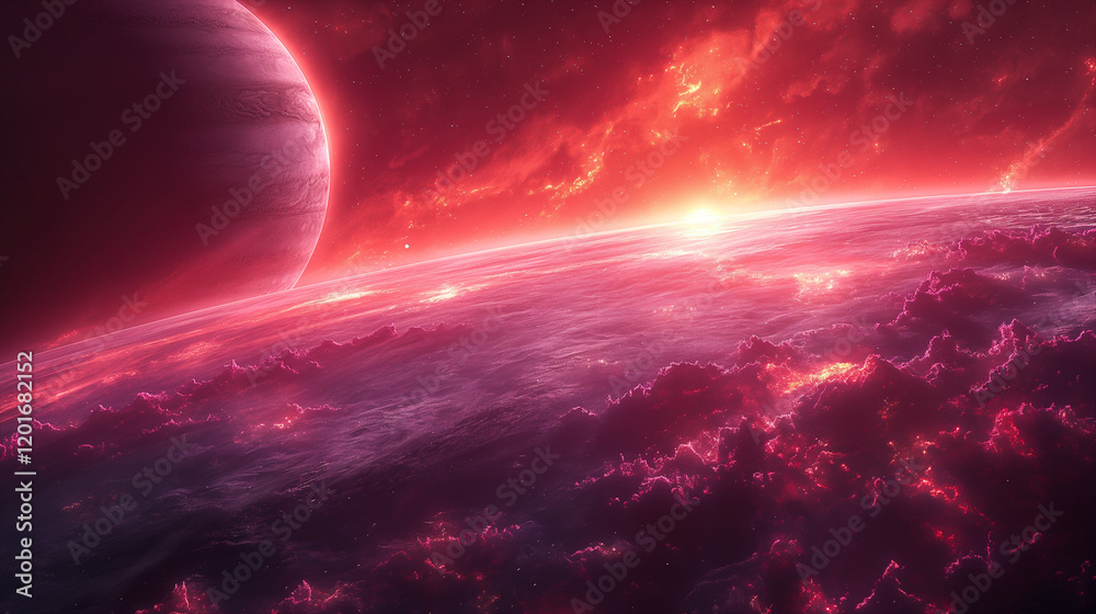Canvas Prints cosmic landscape with rings around a planet and a glowing sun backdrop. generative ai