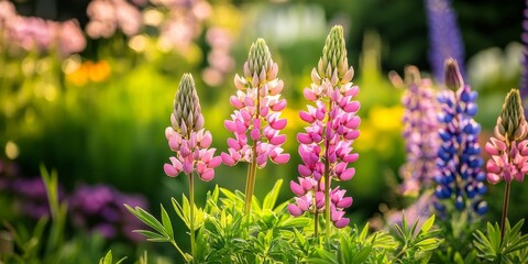 Obraz premium Lupins bloom elegantly as pink flowers on the lupin plant, creating a vibrant display in a garden setting. The stunning lupins showcase the beauty of nature and colorful landscaping.