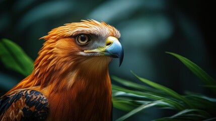 Fototapeta premium Close-up portrait of a majestic orange hawk with sharp gaze amidst lush green foliage.