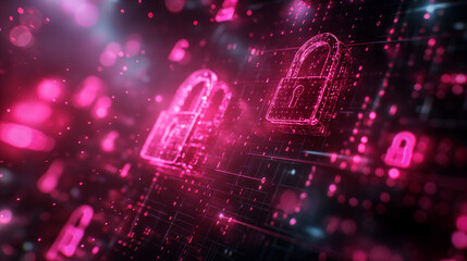 Digital lock with neon red lines, cybersecurity concept background. Generative AI