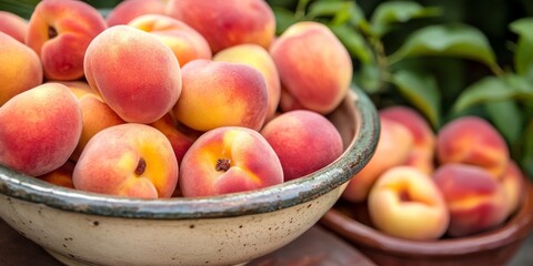 Fresh, ripe peaches are arranged in a ceramic bowl, showcasing the beauty of organic peaches. This display of ripe peaches highlights their vibrant colors and natural appeal.